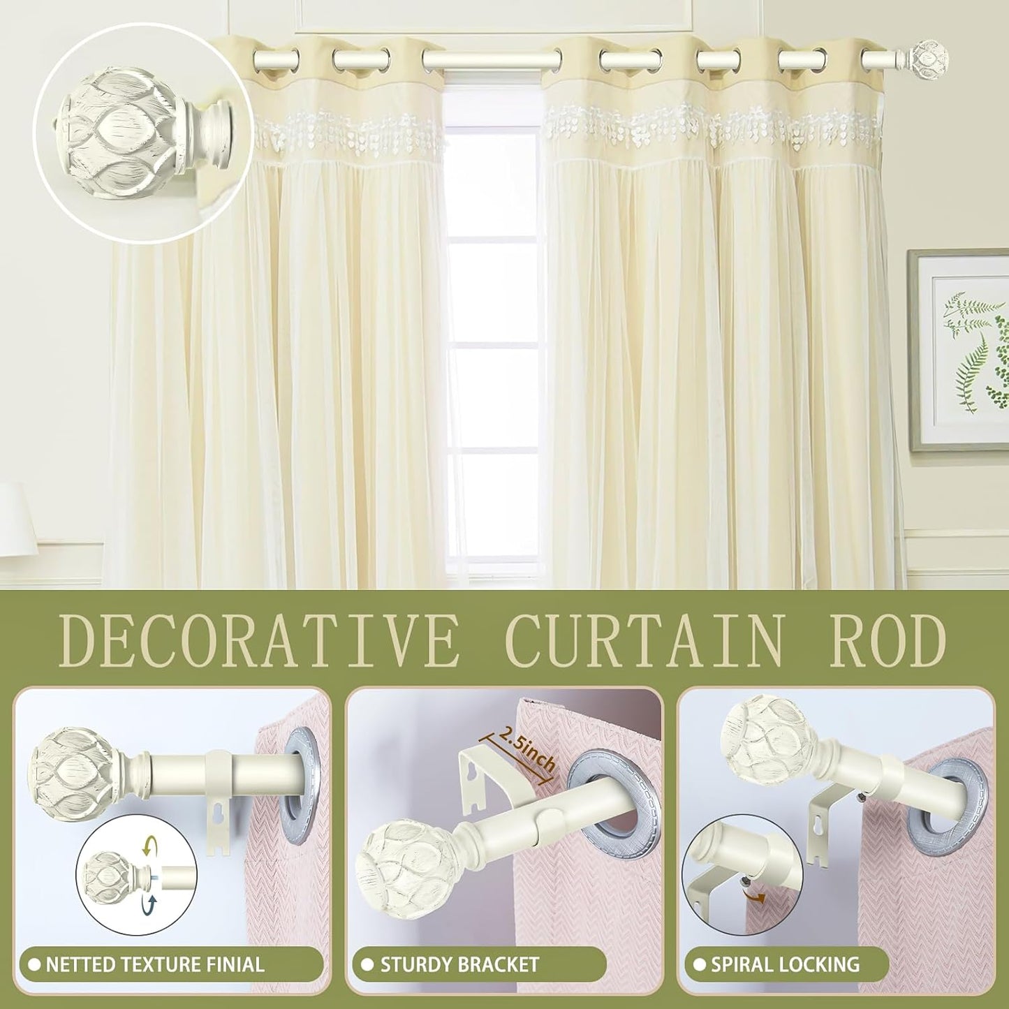 White Farmhouse Curtain Rods for Windows:Heavy Duty Adjustable Curtain Rod for Bedroom Living Room,Boho Decorative Rustic Drapery Rods with Vintage Coastal Finials,Antique White 2 Pack 66-120"