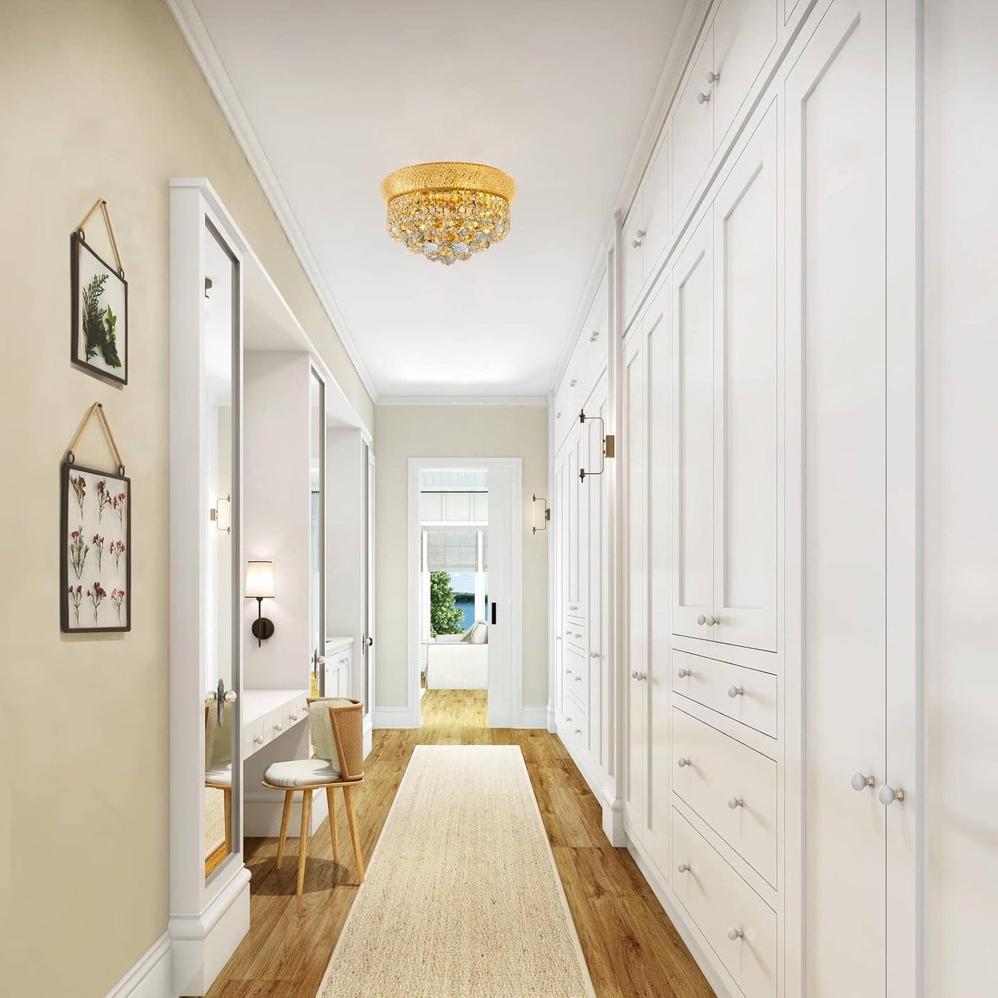 5-Light Crystal Flush Mount Chandelier Ceiling Light Fixture for Living Room Dining Room Bedroom Foyer Entryway Hallway Closet Bathroom (Gold D14)