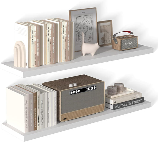 48 Inch Floating Shelf 2 Pack Large Floating Shelves for Wall No Drilling Accessories Included Deep Wall Shelves for Living Room Kitchen Farmhouse 48" W x 12" D x 1.2" White