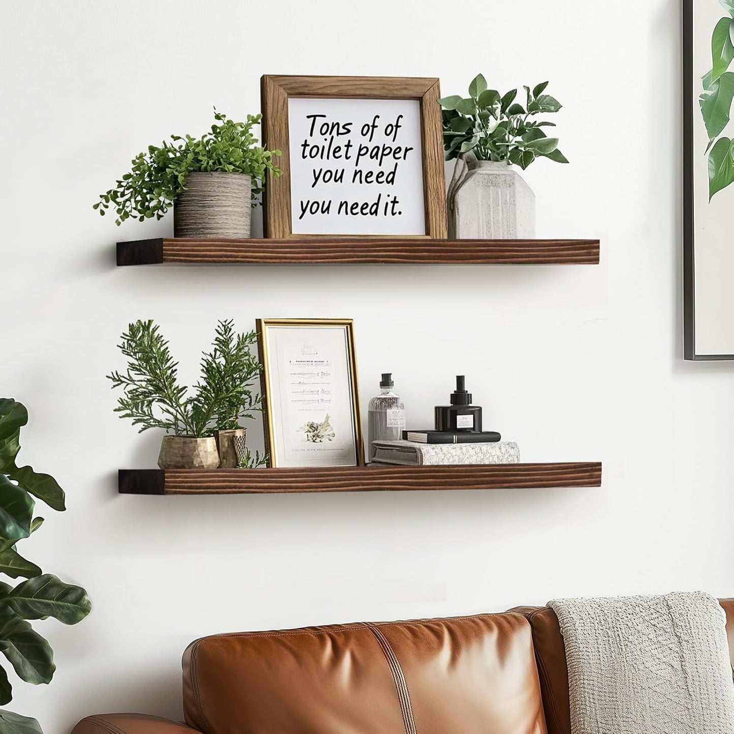 24"x6.8"x1.2" Solid Wood Floating Shelves 2-Pack - Rustic Brown Finish with Hidden Brackets, Perfect for Storage and Décor in Living Room, Kitchen, Bedroom