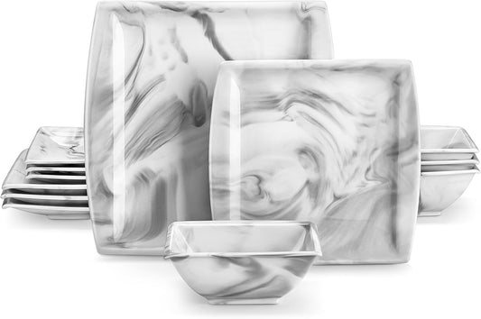 MALACASA Plates and Bowls Sets, 12-Piece Porcelain Dinnerware Sets for 4, Square Plates and Bowls for Dessert, Salad and Soup, Ceramic Dishes Dining Dishware Set, Marble Grey, Series Blance