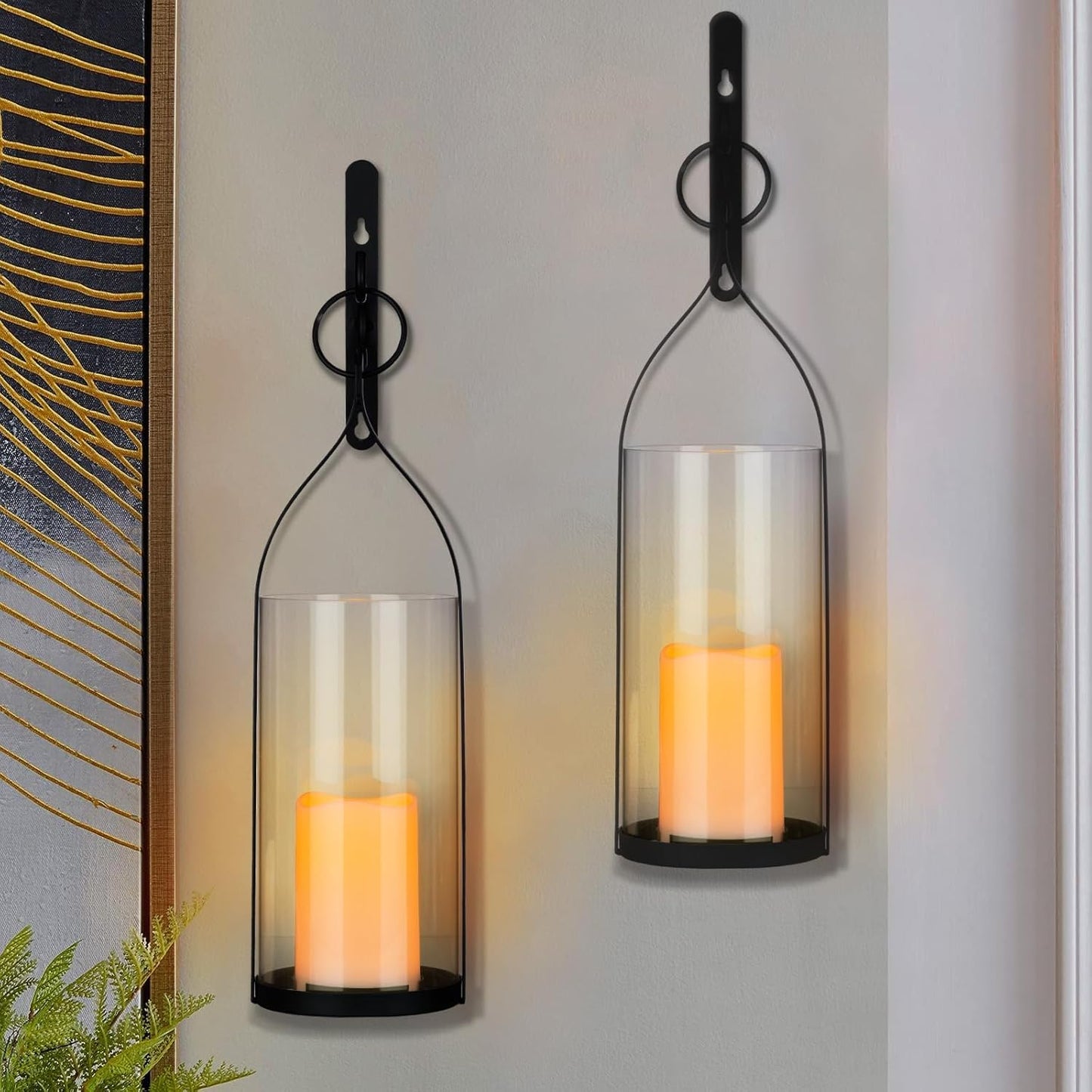 Metal Wall Sconce Candle Lantern Set of 2 - Black Wall Mounted Hanging Holder with Glass & Candles Vintage Wall Decor for Porch, Living Room, Dining Room, Bedroom Indoor Decor