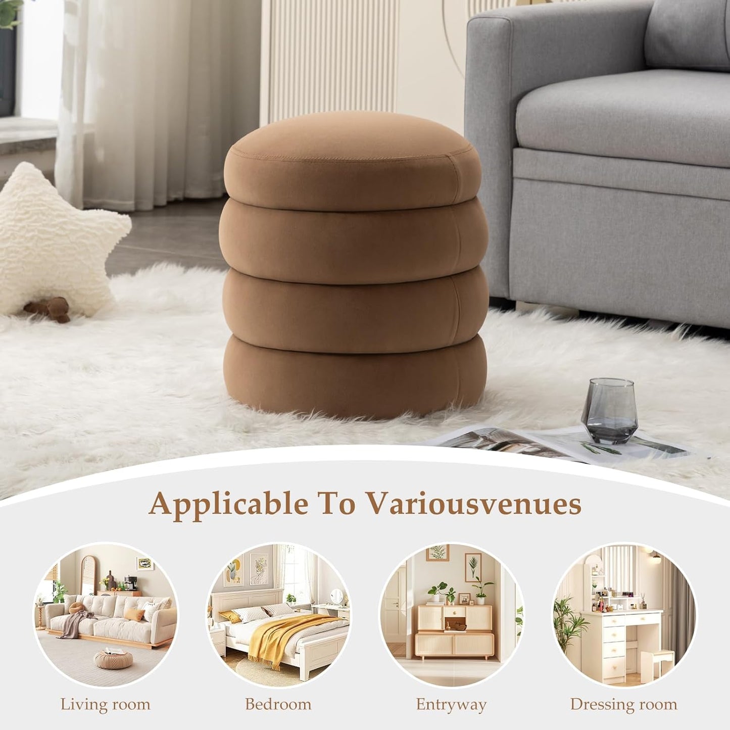 Furniliving Modern Round Ottoman, Soft Bedroom Ottoman Footstool Round Ottomans Stool for Living Room, Makeup Room, Coffee, Velvet