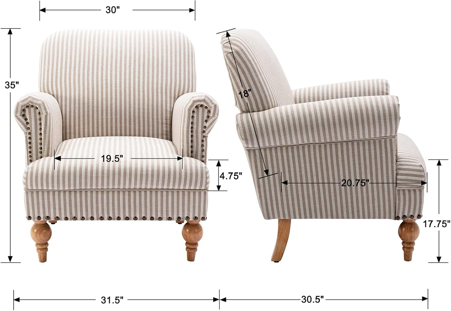 chairus Linen Accent Chair for Living Room Set of 2 Upholstered Mid Century Modern Single Sofa Chair with Solid Wood Legs Comfy Reading Chair Armchair for Bedroom/Office/Recption/Lounge, Khaki Stripe