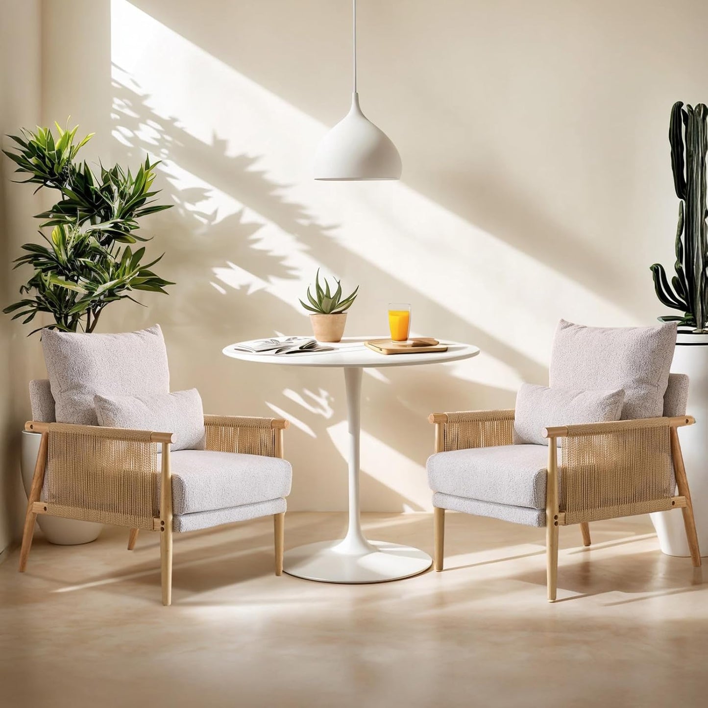 VINGLI Boho Braid Accent Armchairs Set of 2,Mid-Century Modern Chiars with Solid Wooden Armrest,Comfy Louge Cushion Chairs with Waist Pillow for Bedroom,Living Room,Reading Room, Light Grey