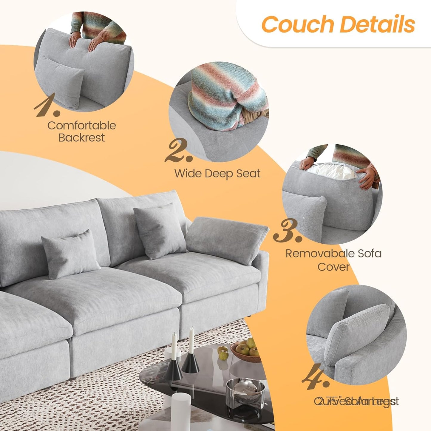 JACH Sectional Couches for Living Room, 4 Seater Cloud Sectional Couch with Deep Seat, Down Filled Modular Sofa, Covers Removeable & Washable, Sofas Furniture for Living Room, Light Grey