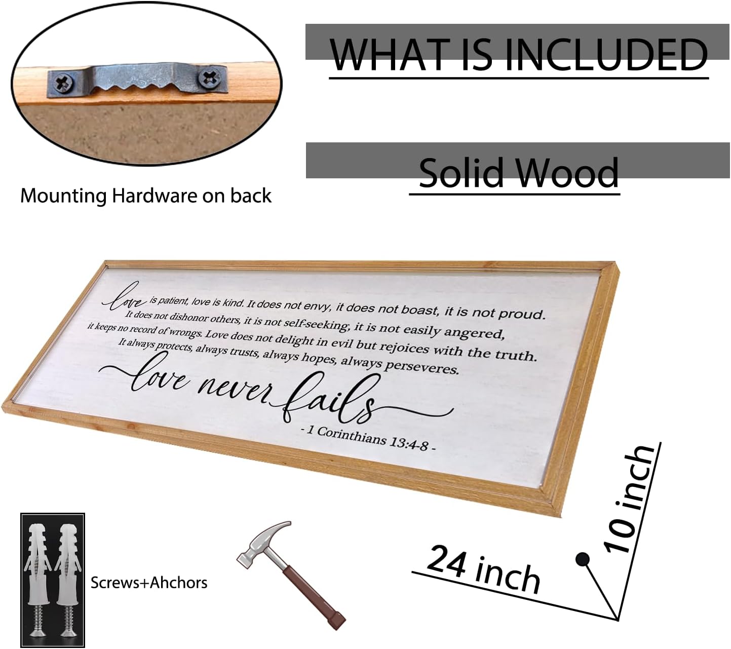 Love is Patient Love is Kind Wall Art 24×10 Inch Bible Verse 1 Corinthians 13 Christian Hanging Wood Framed Decor Sign (Wood)