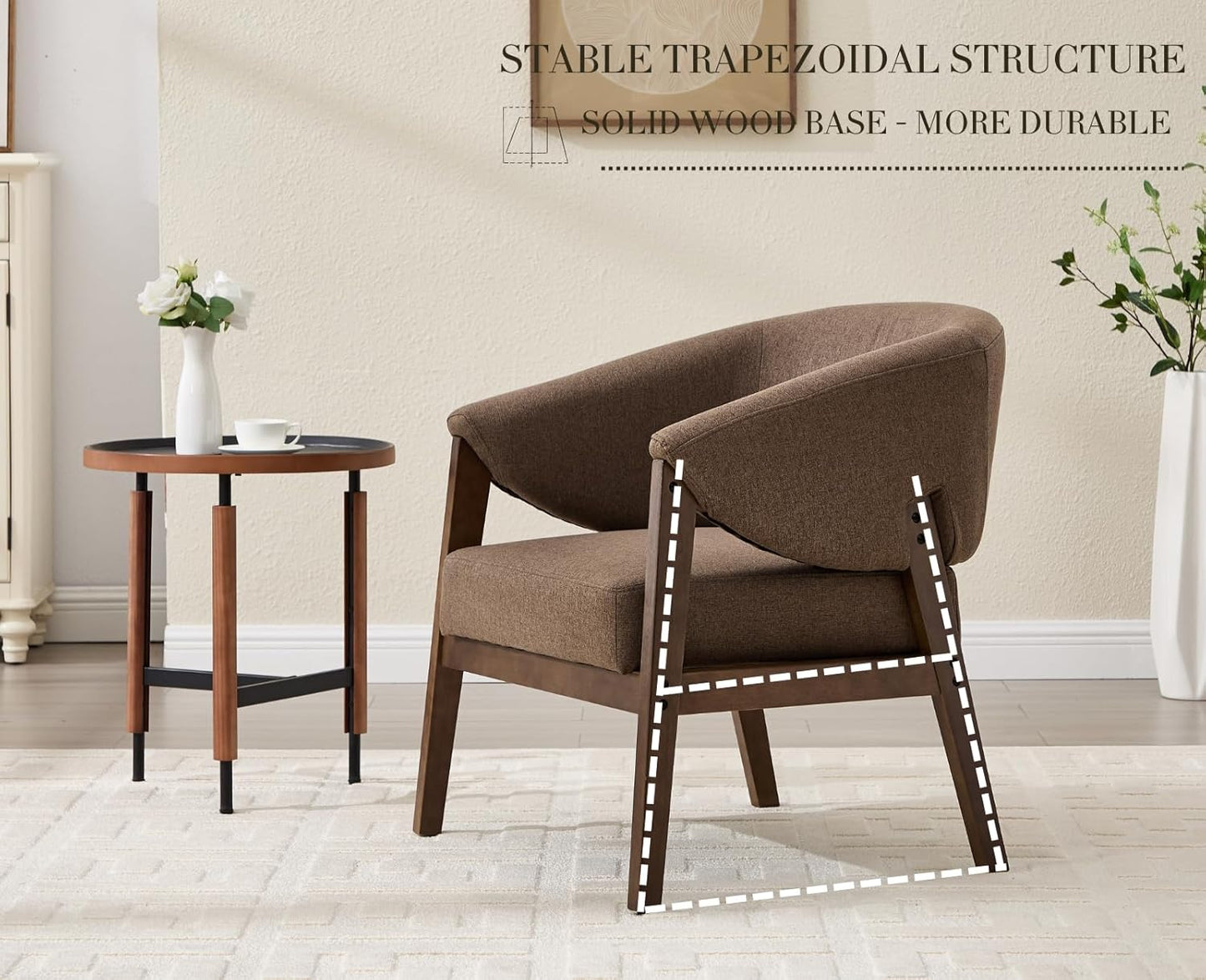 Mid-Century Modern Accent Chair, Comfy Barrel Armchair with Wide Seat, Upholstered Lounge Chair with Walnut Wood Legs for Living Room/Bedroom/Reading Corner, Linen Fabric, Brown, 1PC