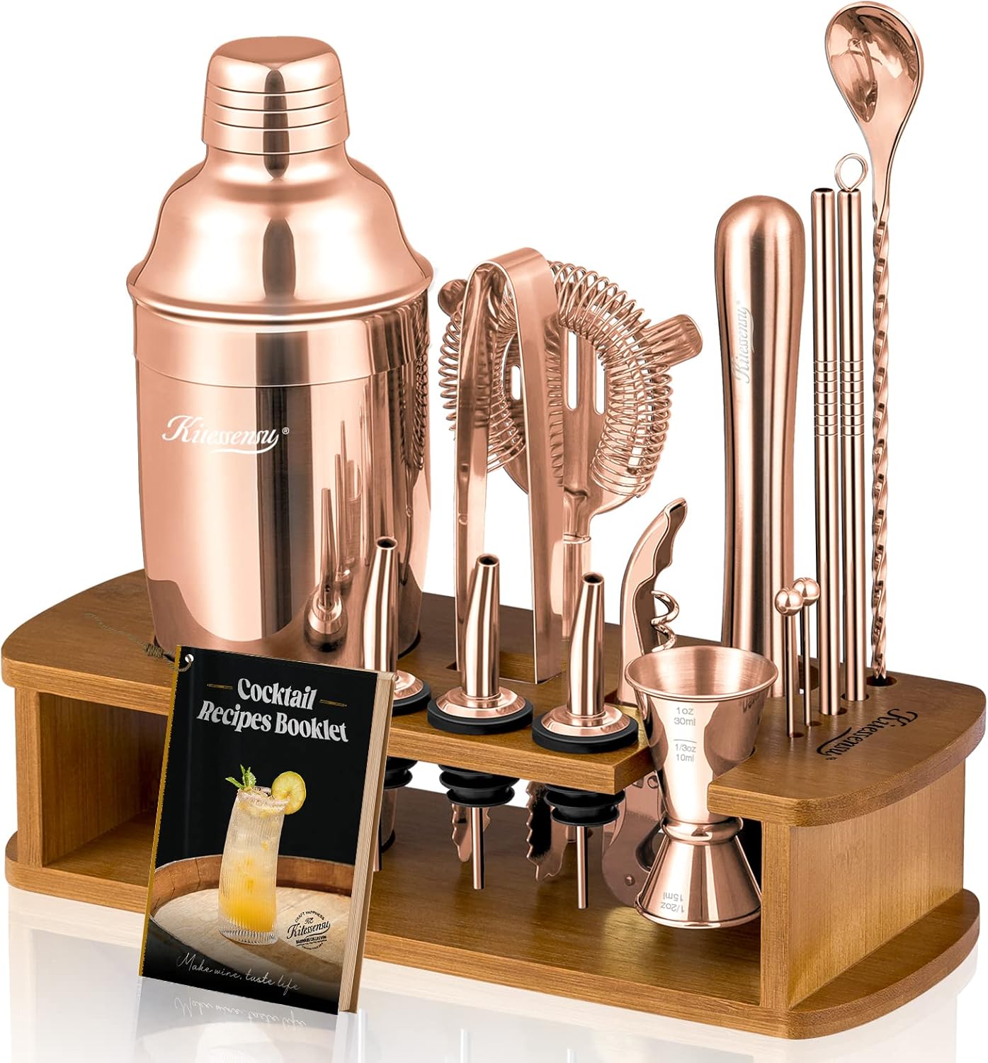 KITESSENSU Cocktail Shaker Set Bartender Kit with Stand - Drink Mixer Bar Set with All Essential Bar Accessory Tools - Martini Shaker Jigger Strainer Mixer Spoon Muddler Liquor Pourers - Rose Gold