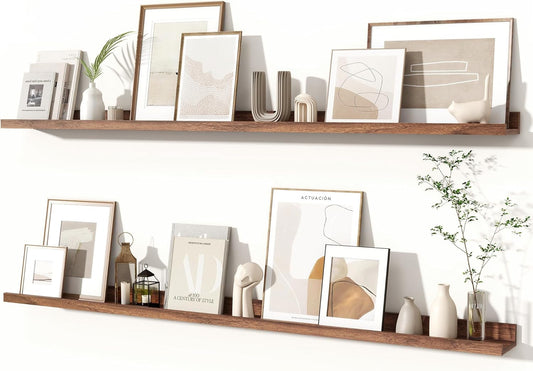 Fun Memories Picture Ledge Shelves Set of 2, 55 Inch Rustic Wall Mounted Floating Shelves with Lip for Home Storage and Décor in Bathroom, Kitchen, Nursery, Bedroom, Living Room, Walnut