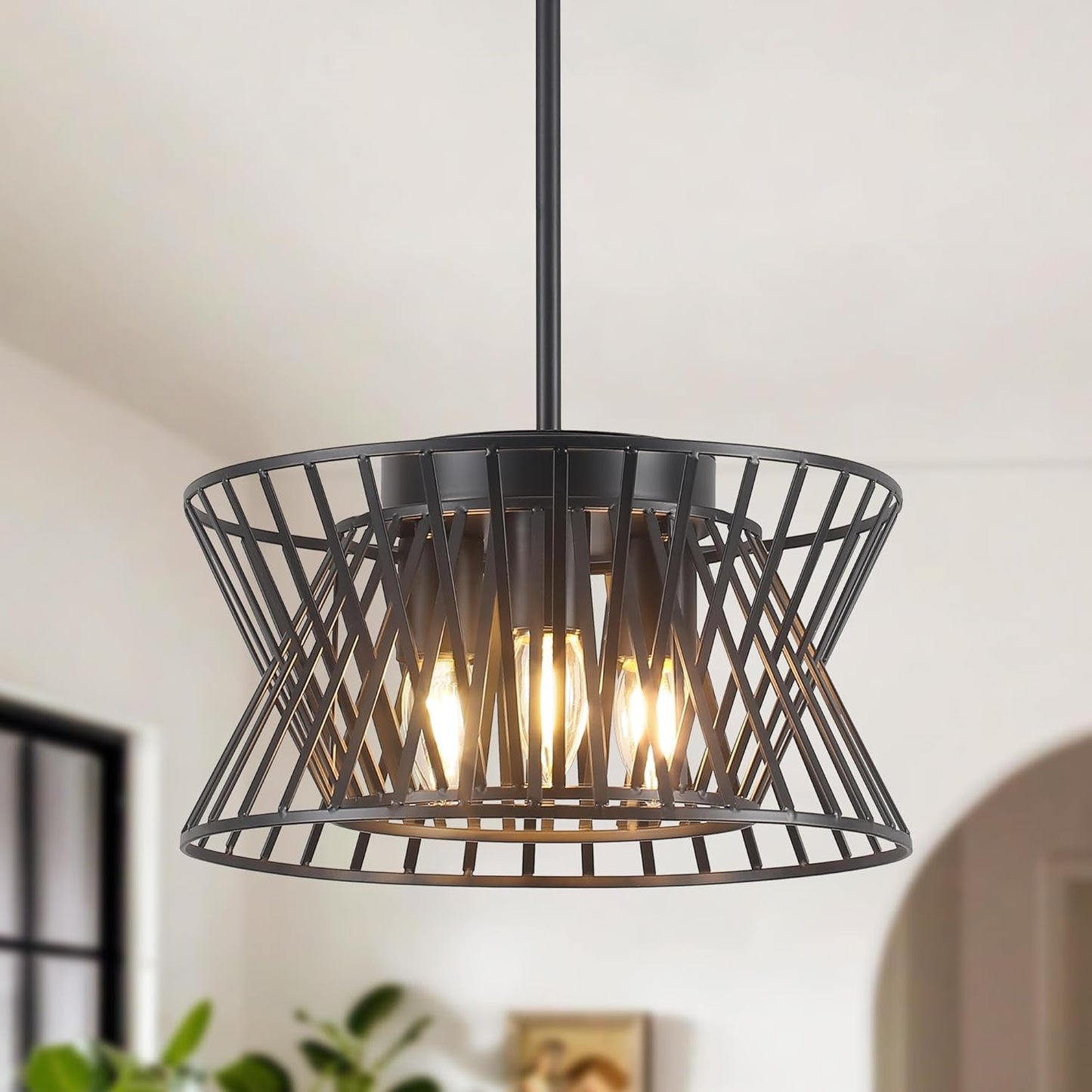 3-Lights Black Pendant Light Vintage Geometric Chandelier Light Fixture Adjustable Metal Lighting Fixtures for Kitchen Room Dining Room Foyer
