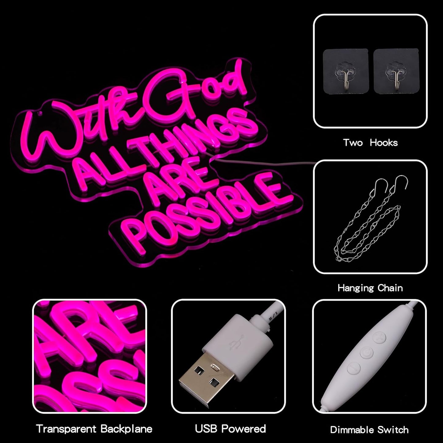 "With God All Things Are Possible" Neon Sign God Neon Light for Wall Decor Letter LED Neon Sign Pink LED Neon Light Dimmable Neon Signs for Bedroom Wedding Church Decoration