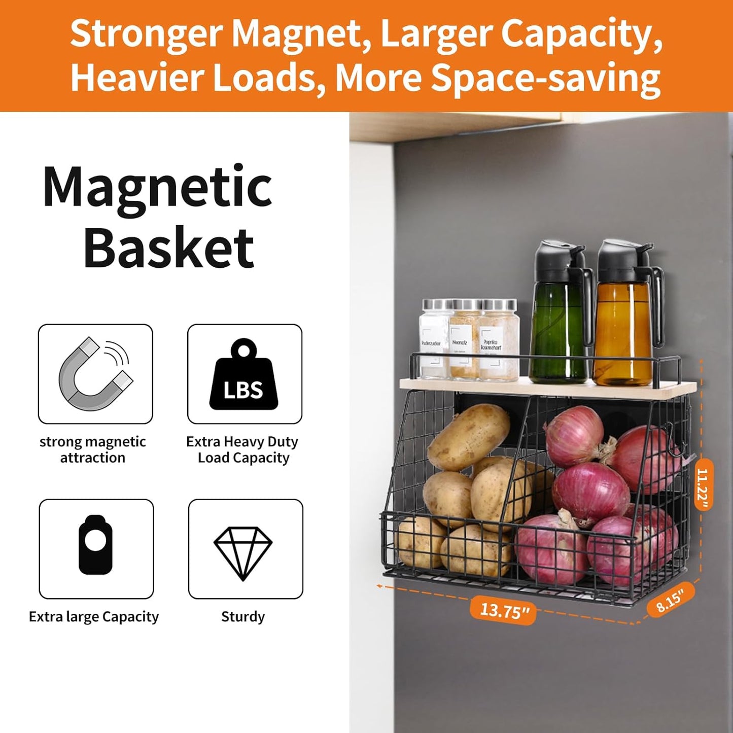 Large Magnetic Shelf for Fridge, Fruit and Vegetable Storage Wire Basket, Potato And Onion Storage Bin for Kitchen Organizers, Magnetic Spice Rack for Refrigerator, Kitchen Counter, RV and Laundry