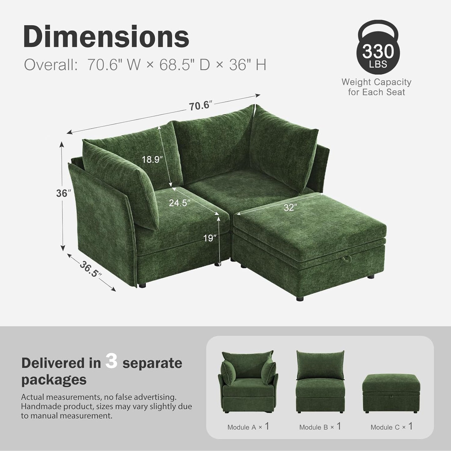 Luxury Modular Sectional Sofa, L-Shaped 3-Seat Couch with Storage Ottoman Deep Seat & Reversible Chaise Lounge Chenille Green for Compact Spaces, Apartments, Dorm