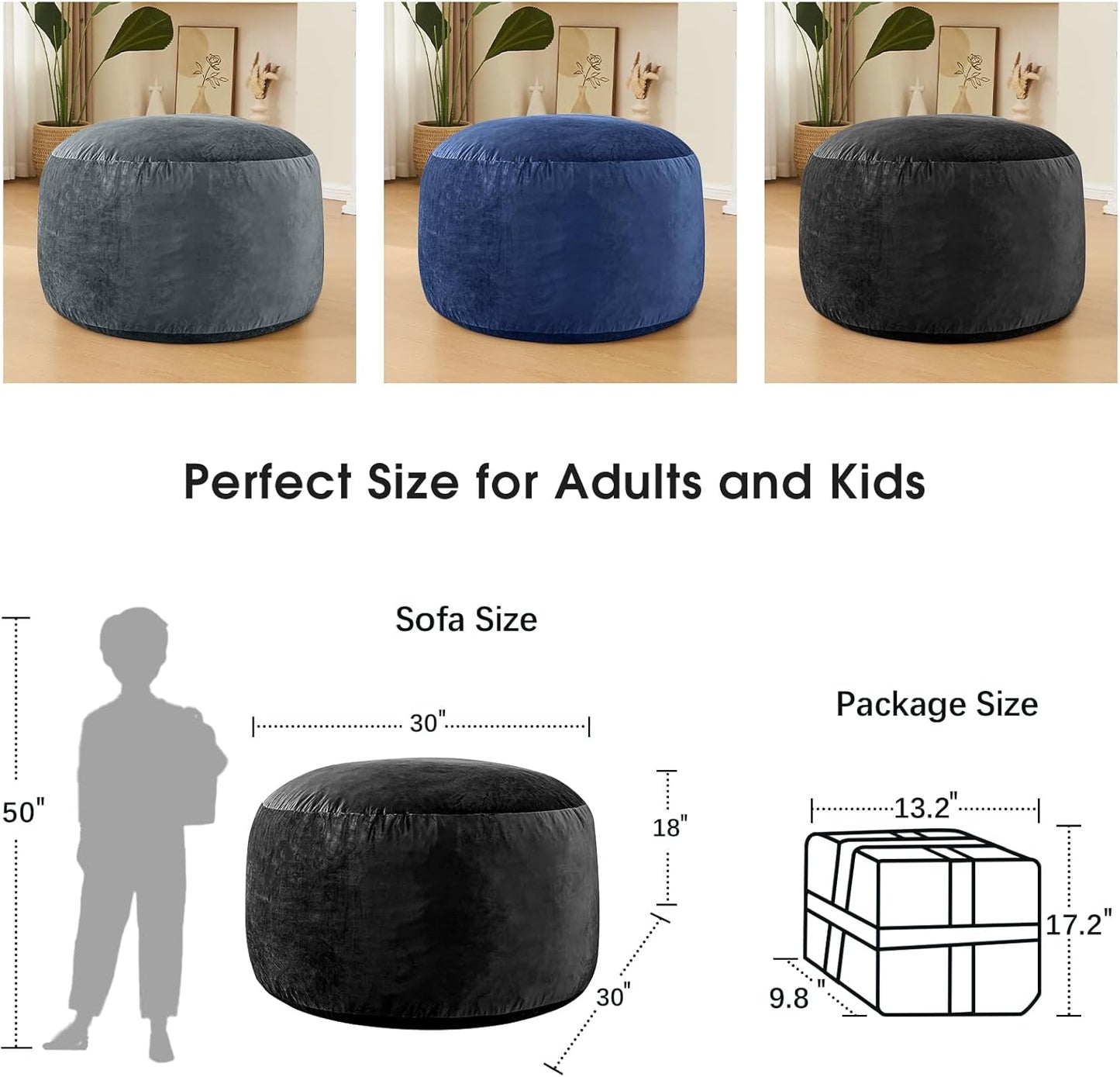 Bean Bag Chairs for Kids - Memory Foam Furniture BeanBag Chair - Kids/Teens Sofa with Soft Micro Fiber Cover - Round Fluffy Couch for Living Room Bedroom College Dorm - 2.5 ft, Carbon Black