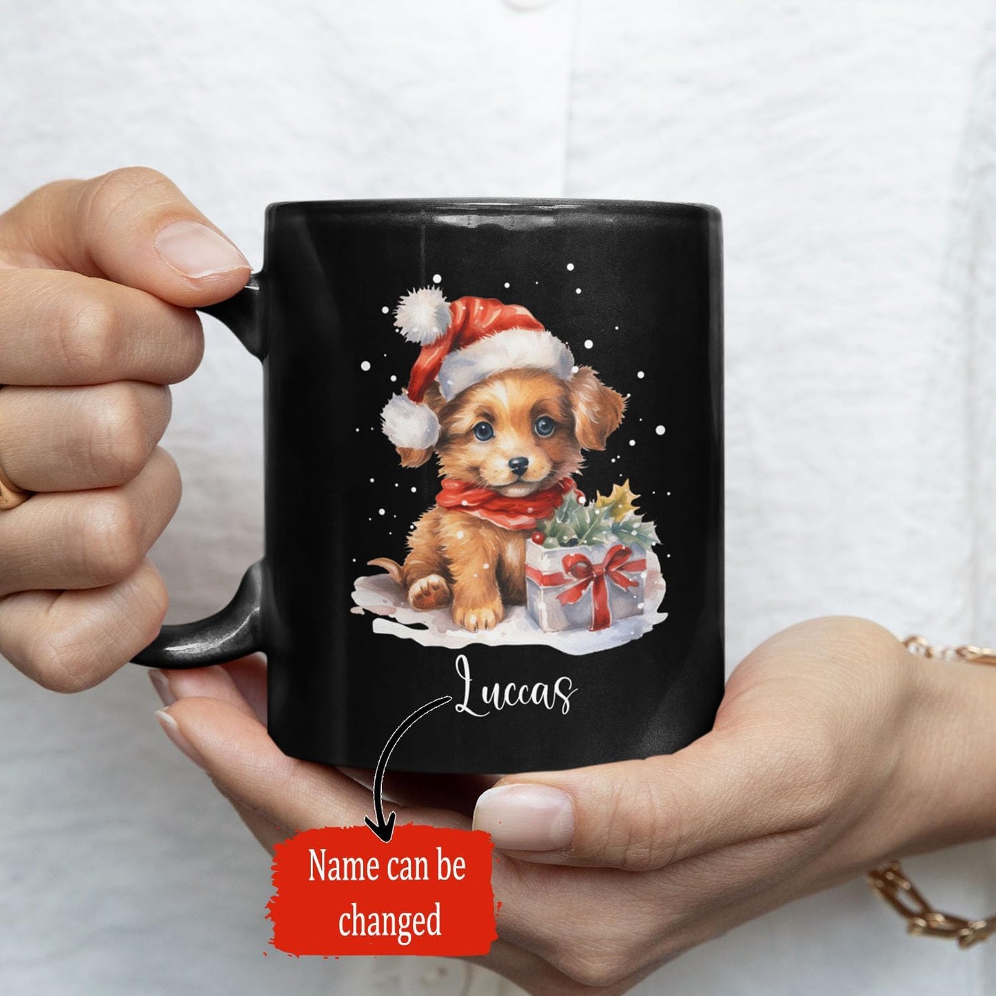 Personalized Name Christmas Puppy Cup - Novelty Coffee Mug 11oz 15oz, Customized Santa Hat Design, Custom Pet Owner Black Ceramic Cup, Gift for Christmas, Puppy Lover
