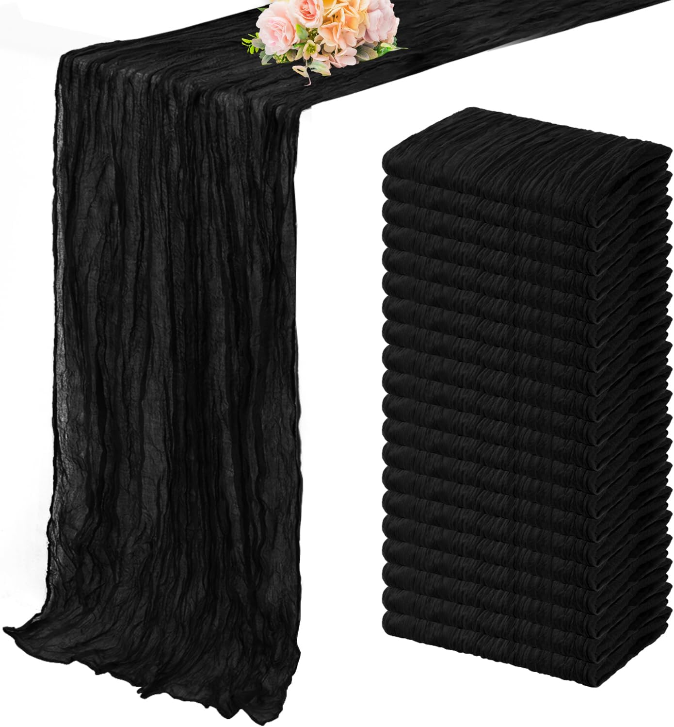 10FT 20 Pack Black Cheesecloth Table Runner 20 x 120 Inch Long Boho Fabric Rustic Cheese Cloth Table Runner for Wedding Bridal Shower Baby Shower Gauze Sheer Birthday Party Table Decorations