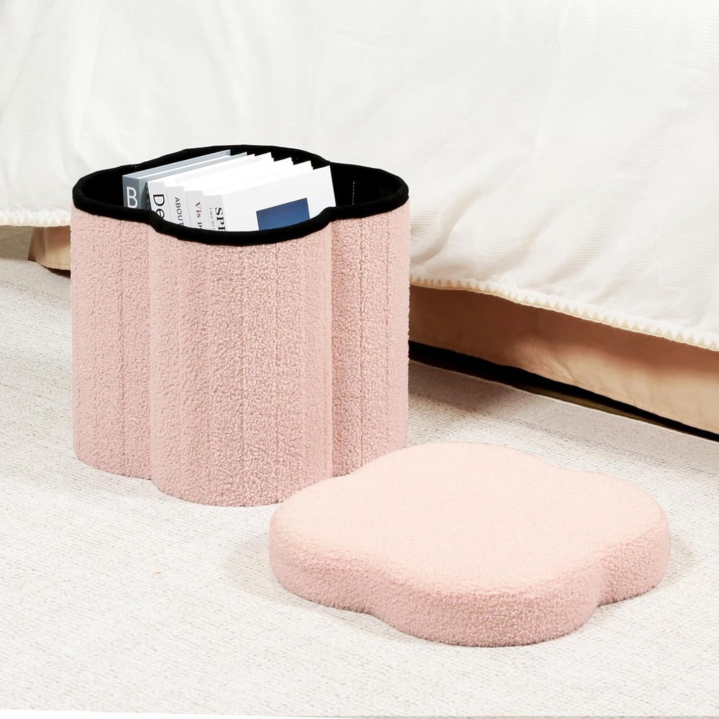 B FSOBEIIALEO Storage Ottoman Cube, Flowers Shaped Ottomans with Storage Foot Stool Footrest for Lving Room, Boucle Ottoman Seat for Dorm Room,Faux Teddy Fur, Pink 12.6"x12.6"x12.6"