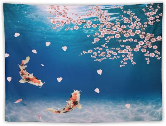 Japanese Koi Fish Tapestry, Cherry Blossoms Asian Oriental Blue Floral Branch Koi Fish Carp Tapestries Wall Hanging for Bedroom Living Room Office Decor 60"x50"