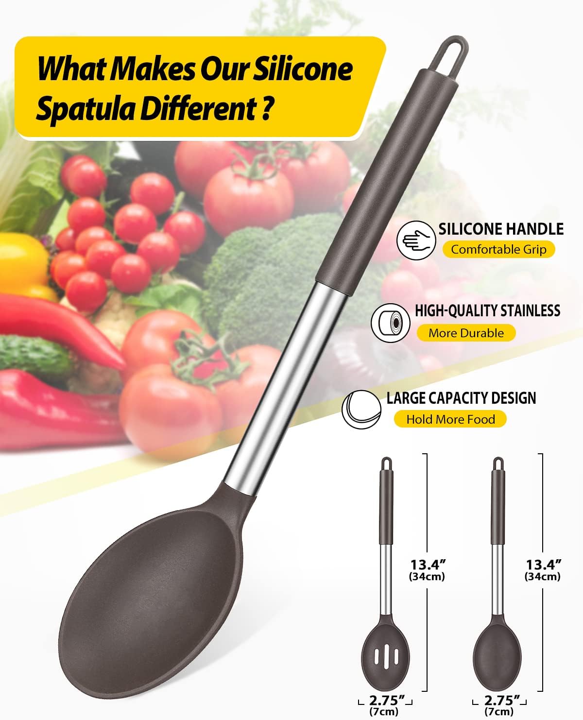 Pack of 2 Large Silicone Cooking Spoons,Non Stick Solid Basting Spoon,Heat-Resistant Kitchen Utensils for Mixing,Serving,Draining,Stirring (CHOCOLATE)