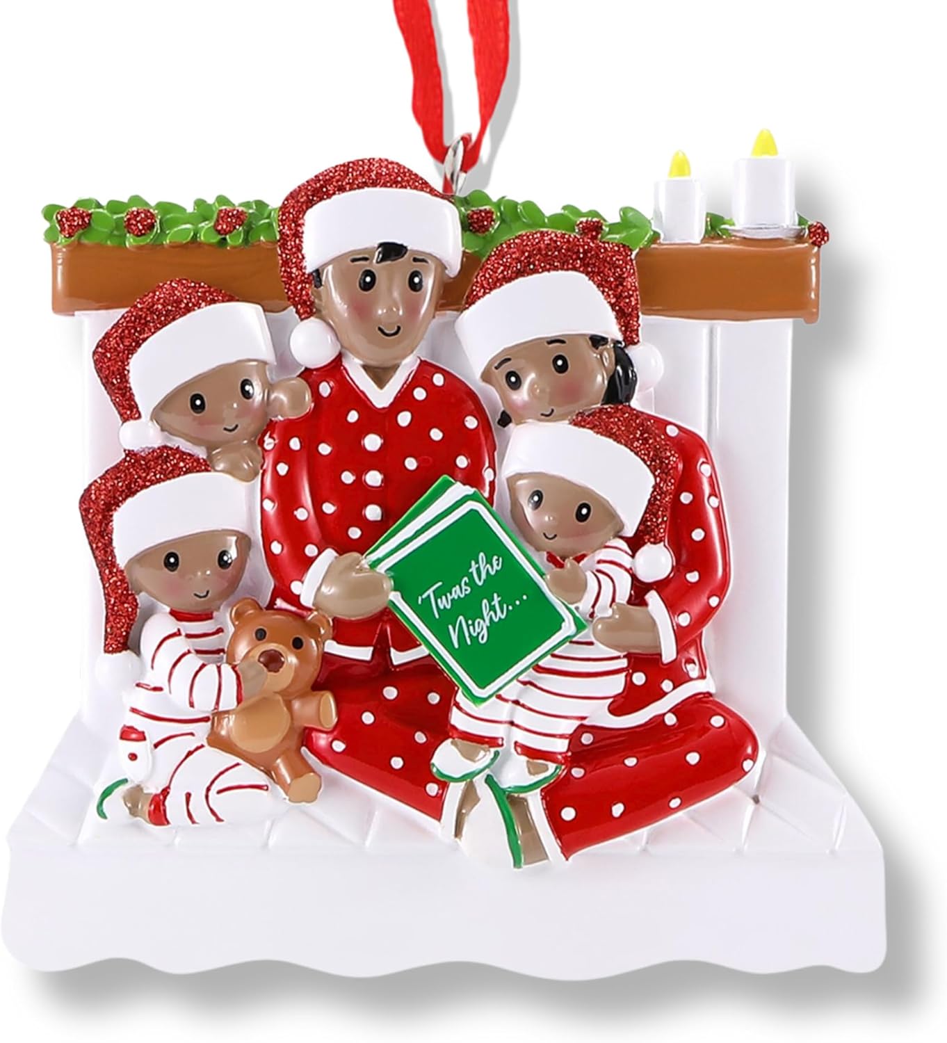 African American Bedtime Reading Family of 5 Christmas Ornament 2025 Personalized Family Christmas Ornaments 2025 | Black Book Night Personalized Tree Ornaments Matching Pajamas of Five Ornament Gifts