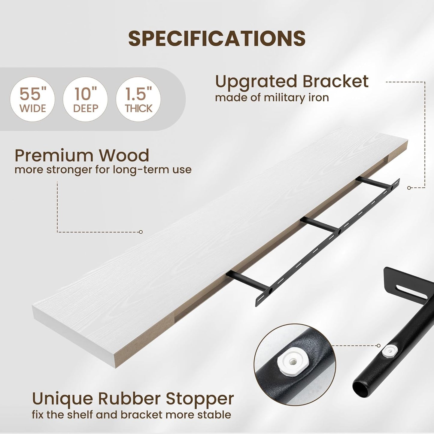 Fun Memories 55 Inch Fireplace Mentel Shelf, 10 Inch Deep Shelves for Display & Wall Storage, Rustic Wood Wall Shelf, Extra Long Floating Shelves for Living Room Laundry Room, White, Set of 1