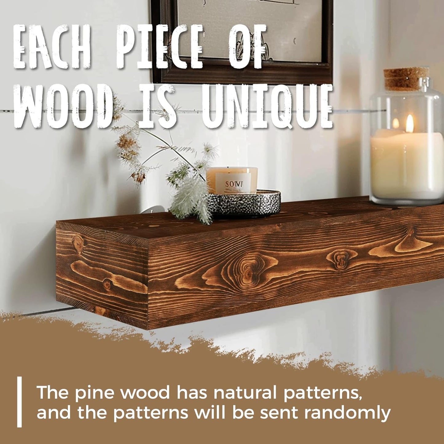 72x8x5 Fireplace Mantel - Handcrafted Hollow Rustic Solid Wood Wall Mounted Floating Shelf with Invisible Heavy Duty Wood Bracket (Weathered Brown)