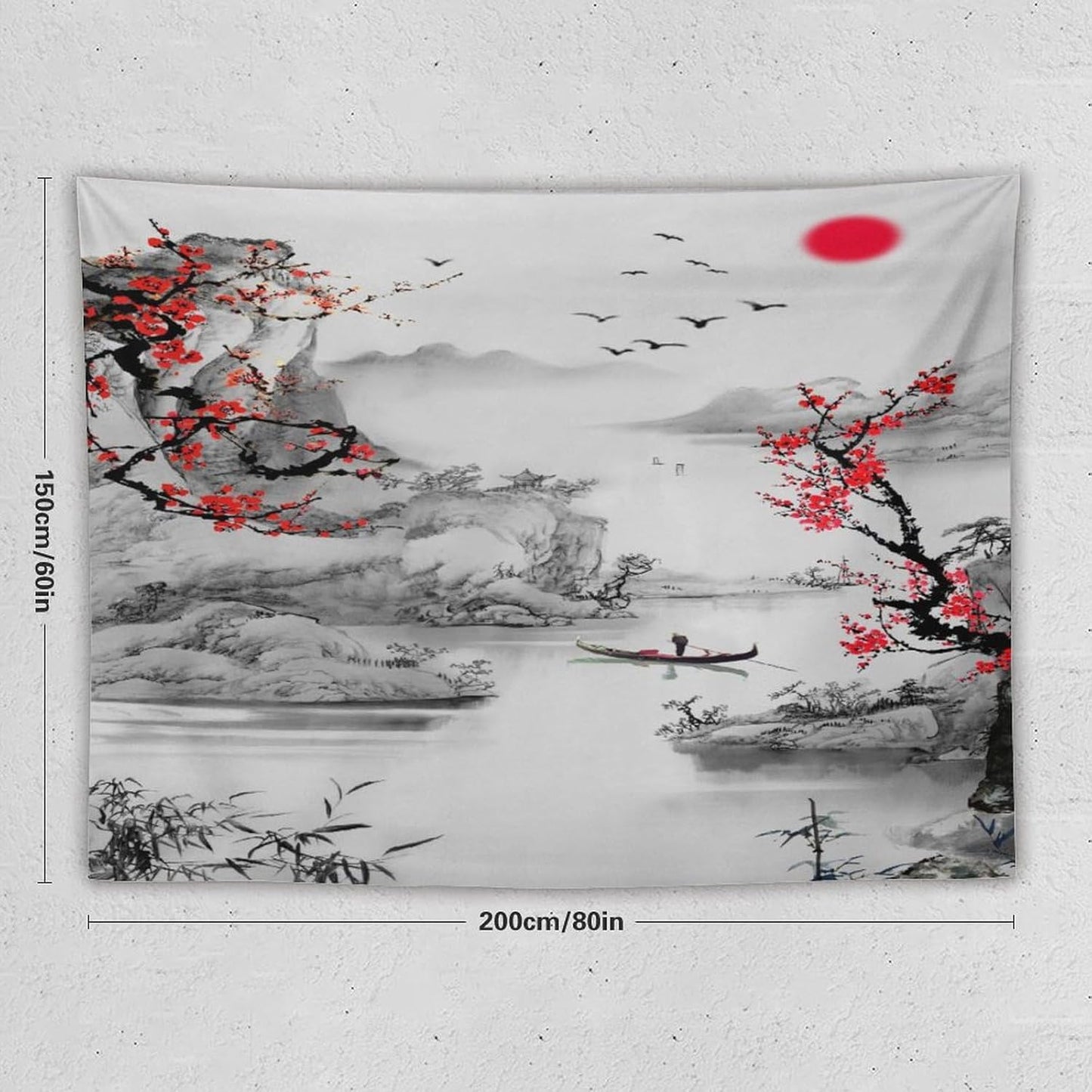Cherry Blossoms Tapestry,Japanese Red Landscape Watercolor Abstract Art Tapestry,Asian Japanese Wall Tapestry, Nature Landscape Tapestries for Bedroom Living Room Decor 80"x60"