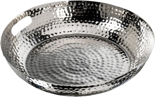 MyGift 14 Inch Deluxe Decorative Dish Tray Centerpiece Base, Silver Tone Plated Hammered Aluminum Fruit Bowl Serving Platter with Cutout Handles - Handcrafted in India