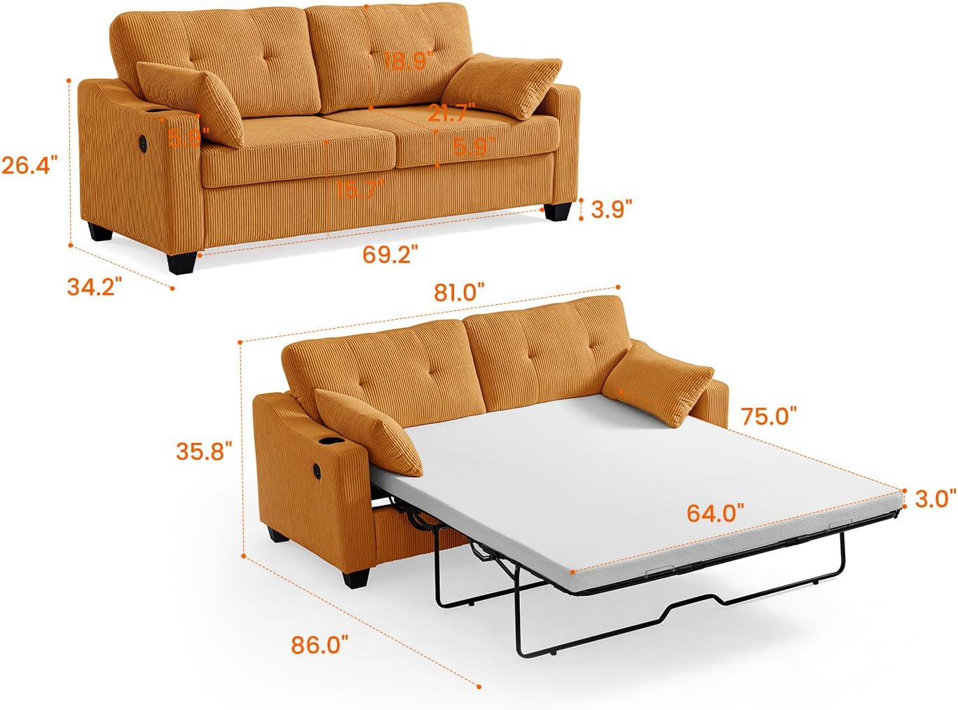 Pull Out Sofa Bed, Full Size Sleeper Sofa, 2-in-1 Convertible Corduroy Couch with USB Charging, Memory Form Couch for Living Room, Apartment and Small Space (Mustard Yellow, Corduroy - Queen Size)