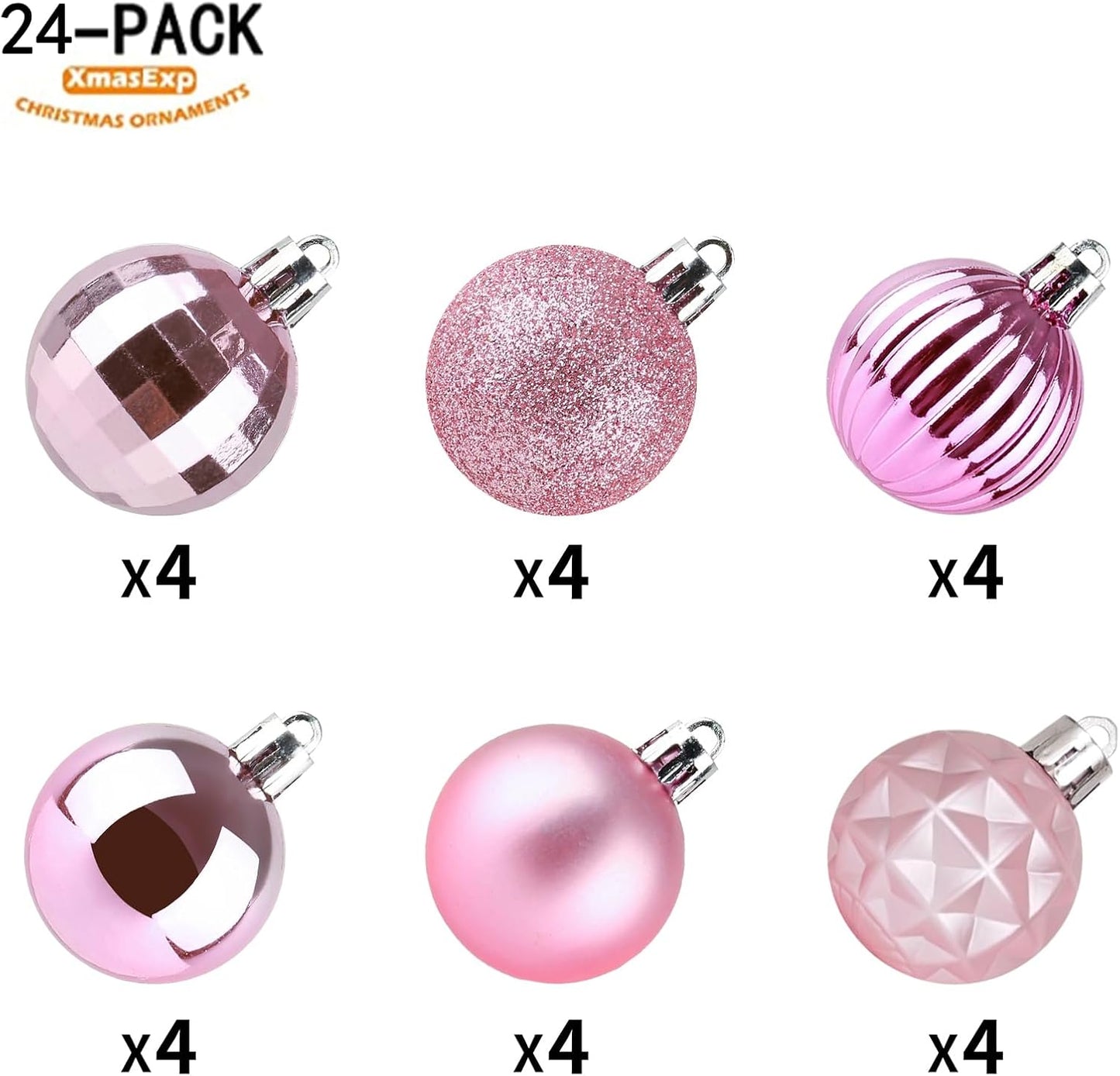 XmasExp 24ct Christmas Ball Ornaments Shatterproof Christmas Ornaments Set Decorations for Xmas Tree Balls 40mm/1.57” (1.57'', Pink)