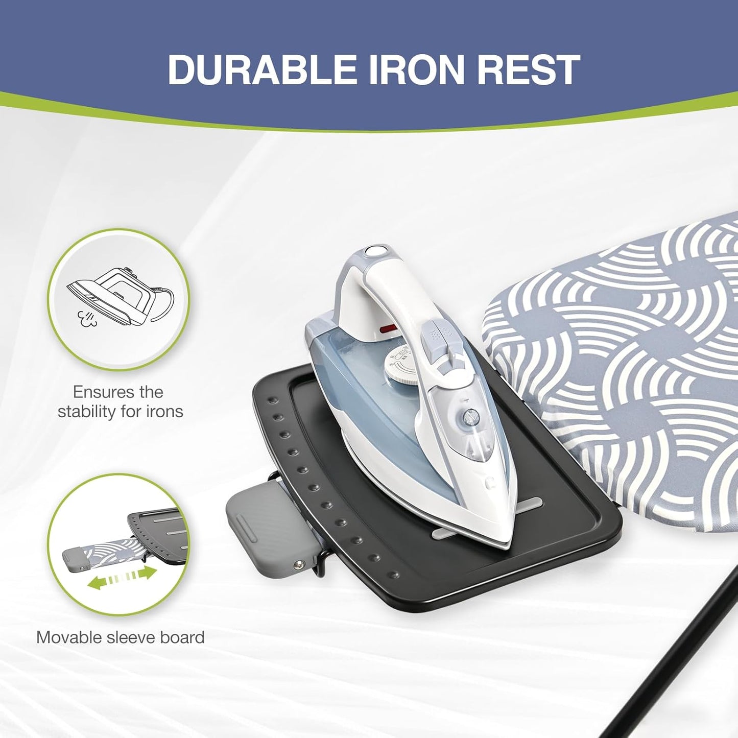 APEXCHASER Ironing Board, Full Szie Iron Board with Iron Rest,Height Adjustable,Extra Thick Heat Resistant Cover with Sleeve Board 15x45 Blue