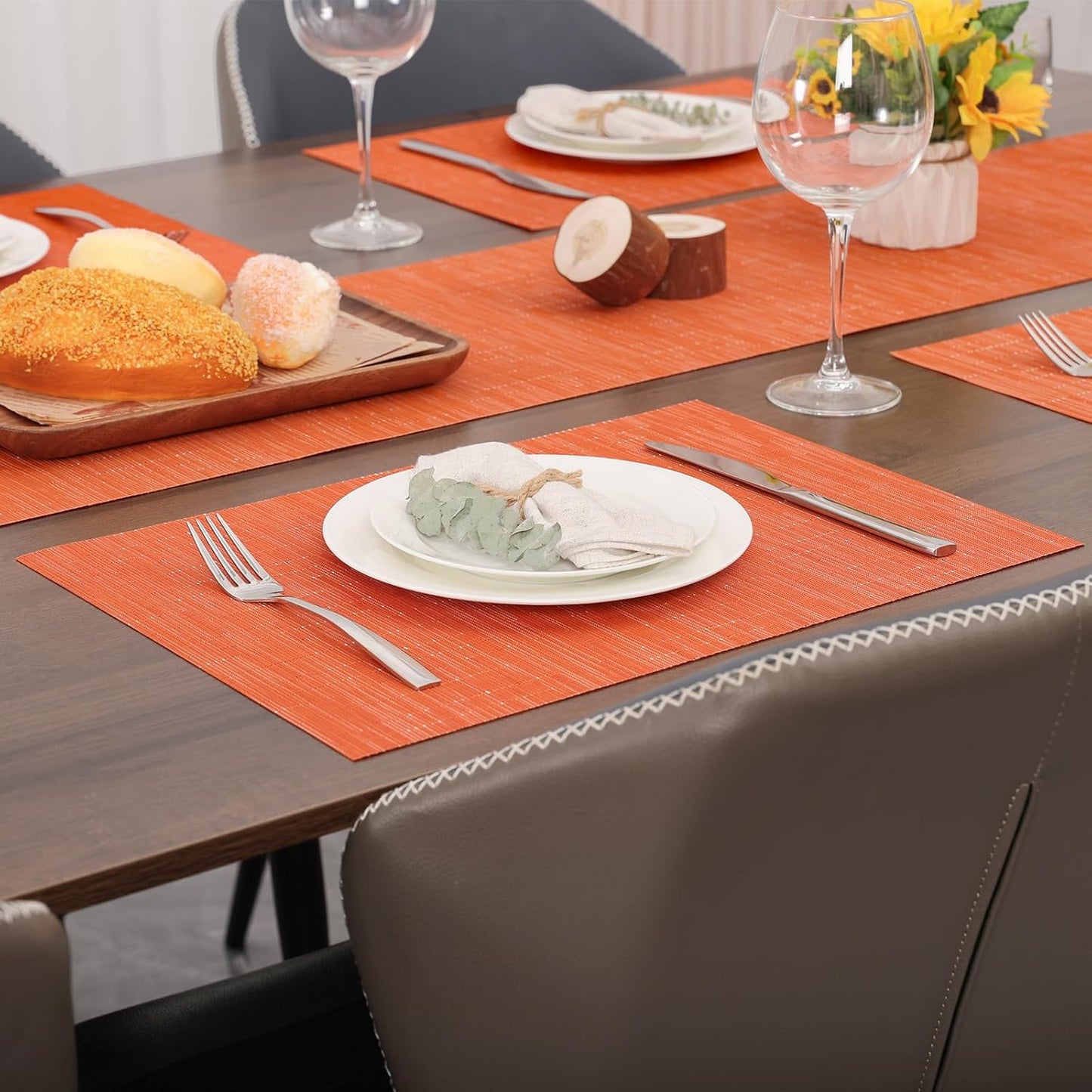 Myir JUN Placemats Set of 8, Vinyl Woven Placemats Place Mats Indoor Set of 8 Washable Table Mats Non-Slip Place mats for Dining Table (Orange, Set of 8)
