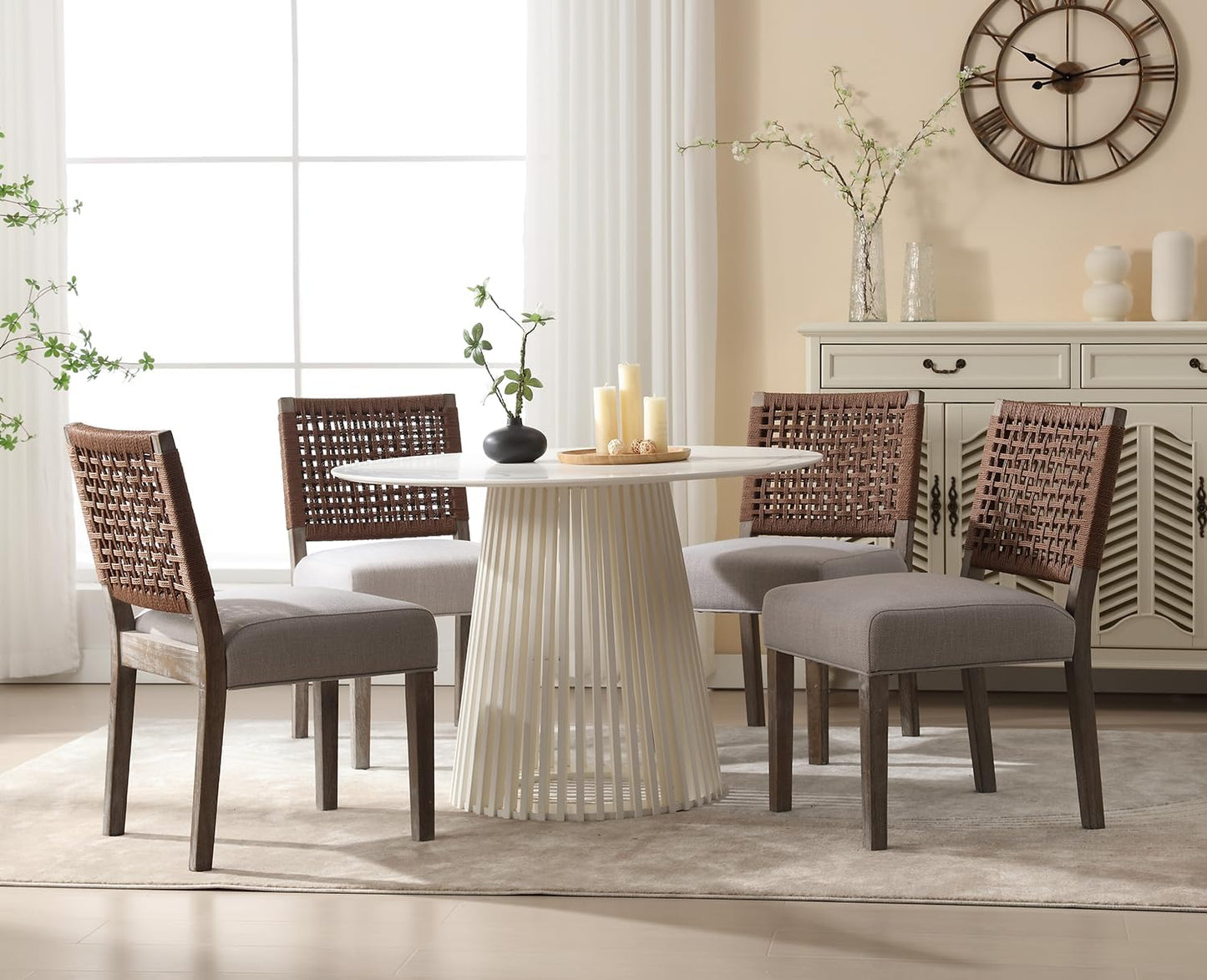 Kmax Farmhouse Dining Chairs Set of 4, Rustic Kitchen Chairs with Linen Fabric Seat and Woven Back, Vintage Accent Chairs for Dining Room, Living Room, Grey