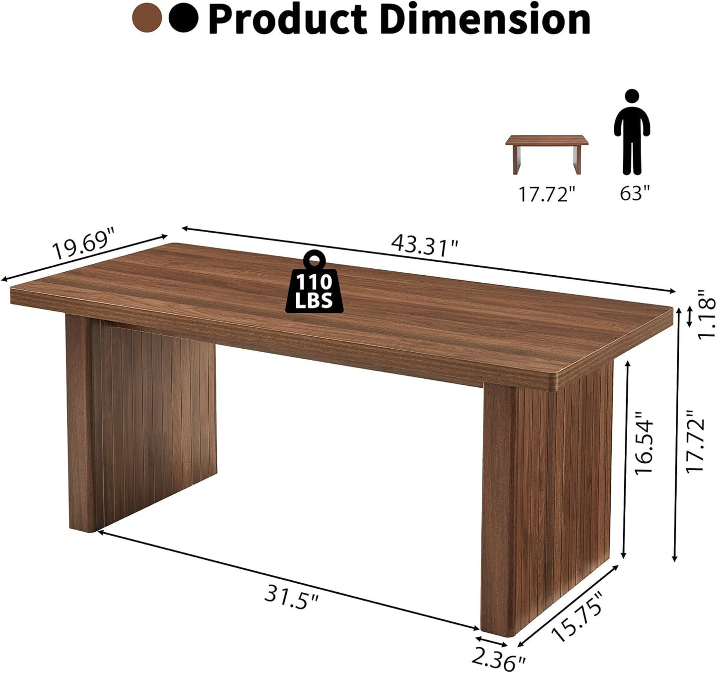 Rectangular Fluted Coffee Table, Farmhouse Wood Coffee Table Mid Century Modern Center Table Boho Living Room Tables for Living Room Office (Walnut, 19.69" D x 43.3" W x 17.72" H)