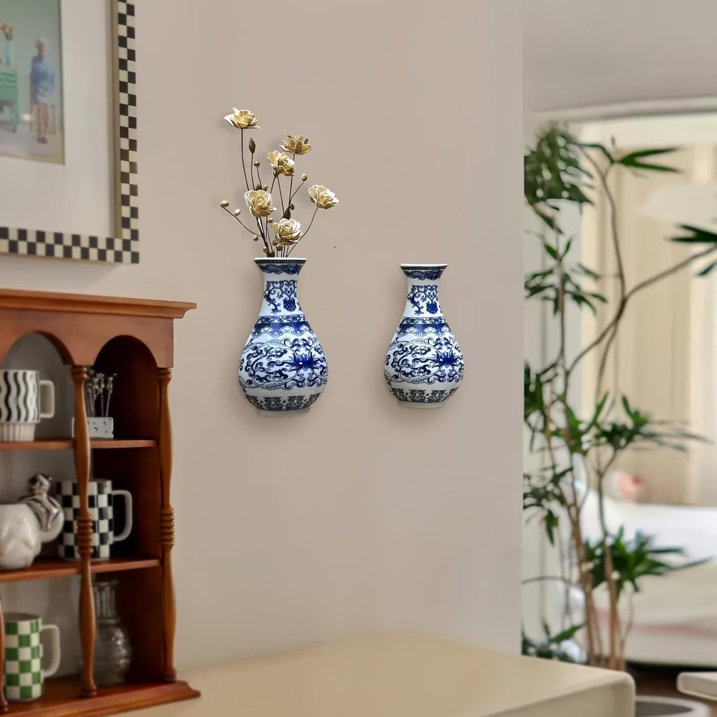 Set of Two Blue and White Porcelain Wall Vases for Flowers – Handmade Chinoiserie Ceramic Wall Mounted Flower Vase, Decorative Hanging Vases for Living Room, Bookshelf & Indoor Décor