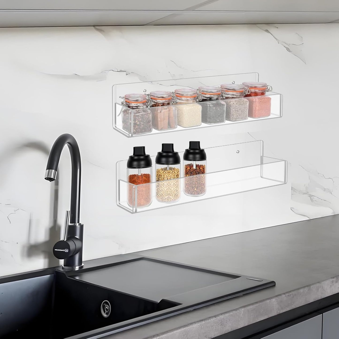 Acrylic Spice Rack Wall Mount-12 Inch, Clear Spice Shelf Storage Holder, 4 Pack Hanging Seasoning Rack Organizer for Cabinet Door, Cupboard or Wall Kitchen (Adhesive or Screw)