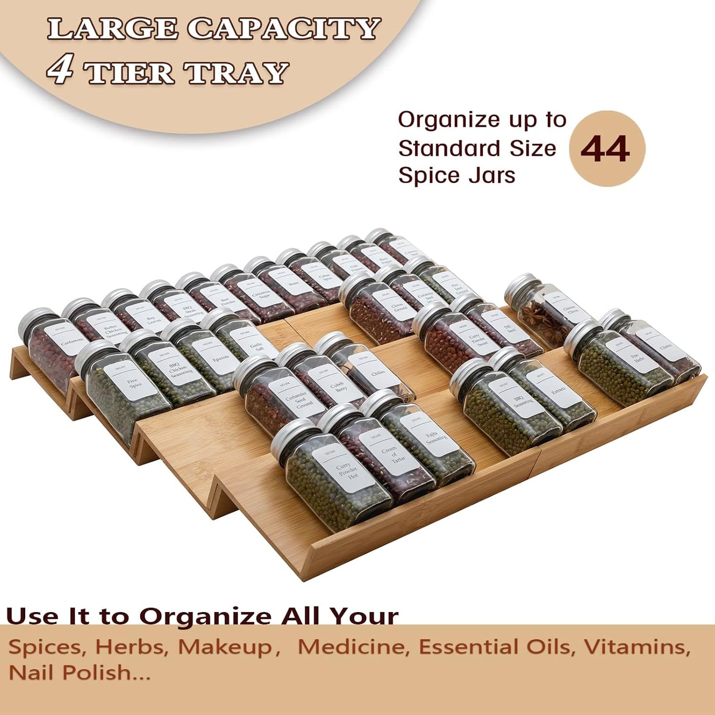 Bamboo Spice Rack Drawer Organizer - 8 Pieces Set- 10" Wide Per Piece - Combine Pieces Into 20" Wide Rack (10" or 20")