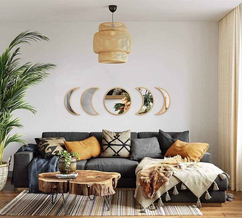 5 pcs Scandinavian Natural Decor Acrylic Moonphase Mirrors Interior Design Moon Phase Mirror Bohemian Wall Decoration for Home Living Room Bedroom Decor - No Need to Punch (Gold)