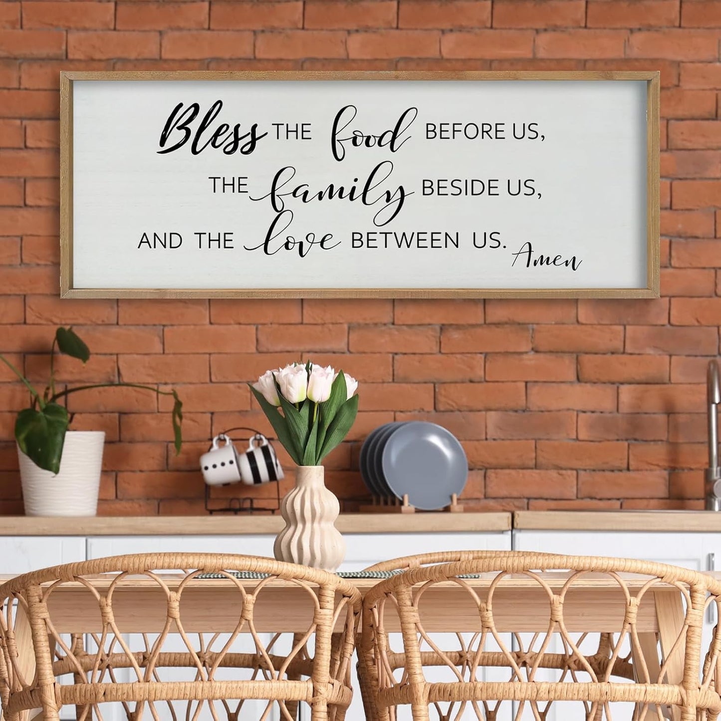 SRSZHIYUE Bless the Food Before Us Wall Sign Decor 40"×15" Christian Bible Verse for Farmhouse Rustic Kitchen Dining Room Framed Wood Scripture Religious Jesus Prayer Wall Art (Wood)