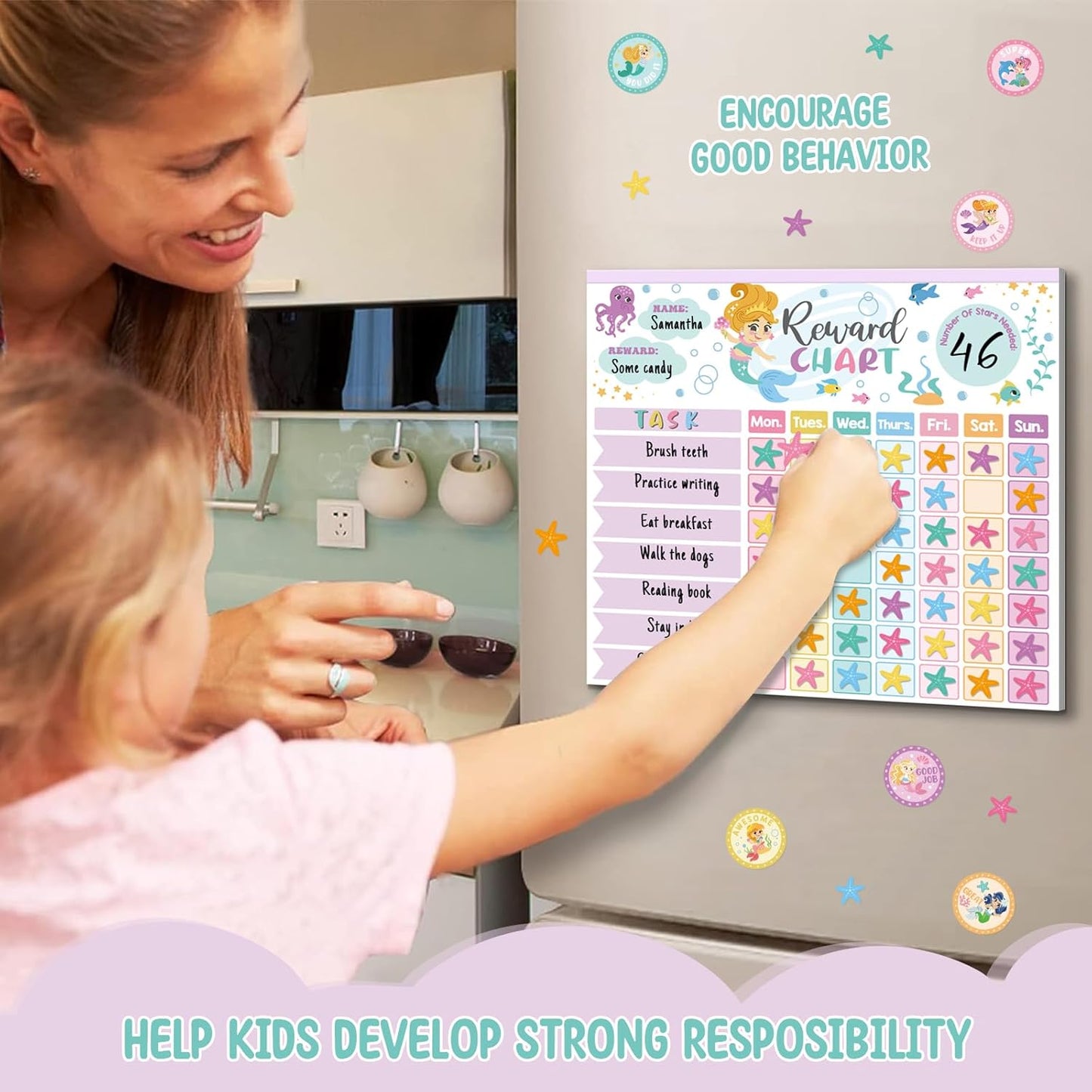 Reward Chart for Kids,Magnetic Behavior Chore Chart for Kids at Home,26 Mermaid Chore Charts,1960 Diamond Stickers,56 Reward Stickers,Incentive Chart to Develop Responsibility and Good Habits,Mermaid