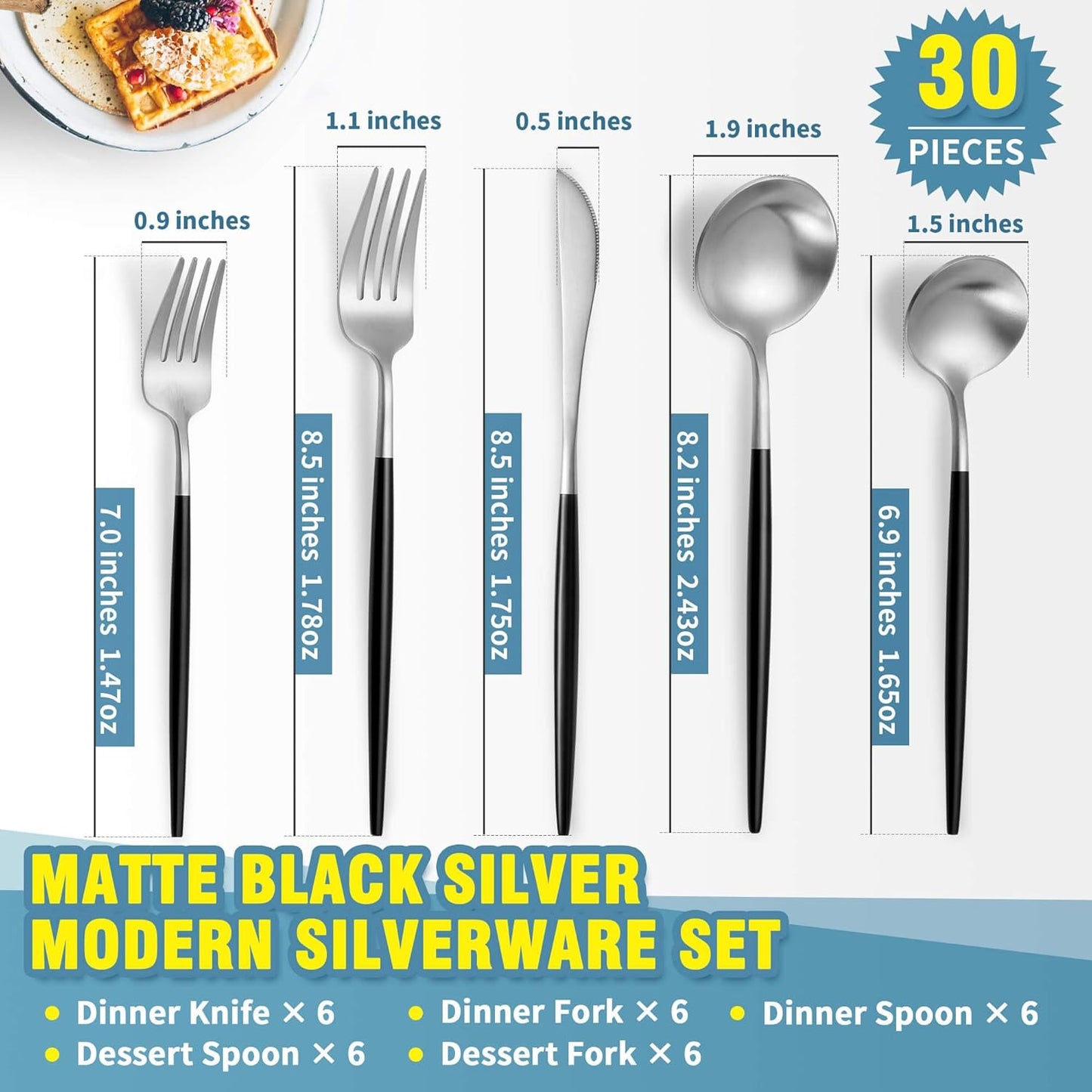 Matte Black Silver Silverware Set for 6,Modern Stainless Steel Brushed Cutlery Set,30-Pieces Heavy Duty Flatware Set,Knives Spoons and Forks Set Utensils Set, Satin Finish, Dishwasher Safe