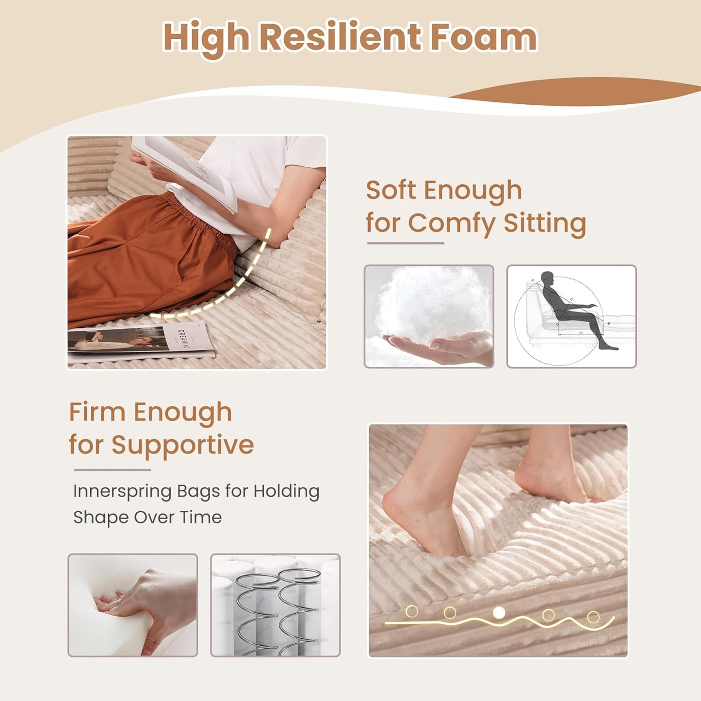 HOOOWOOO Cloud Sectional Couches for Living Room,Modular Sectional Sofa No Assembly,165X110 Inch Plush Corduroy Large U Shaped Floor Couch Set with Deep Seat Chaise Lounge(Beige)