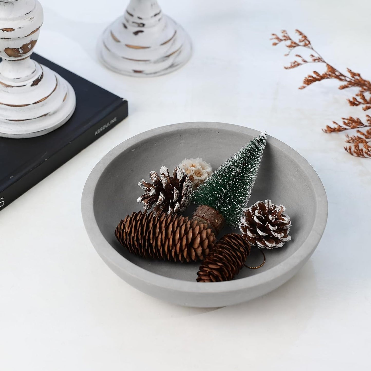 Marble Fruit Bowl for Kitchen Counter - Decorative Serving Bowl with Gray Travertine Design, Modern Home Decor (7.8 Inch)