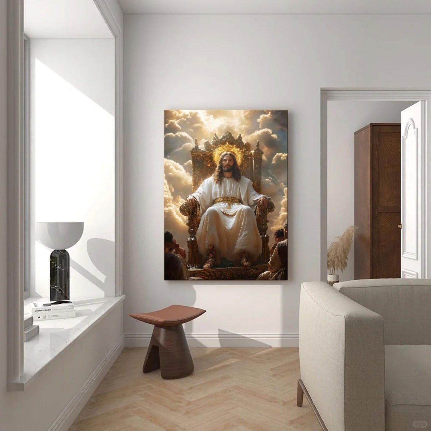 Framed Canvas Wall Art Painting Jesus Sitting on the Throne Religious Poster Faith Revelation Gallery Picture Print for Living Room Bedroom Church Decor 16x24 Inch Ready to Hang