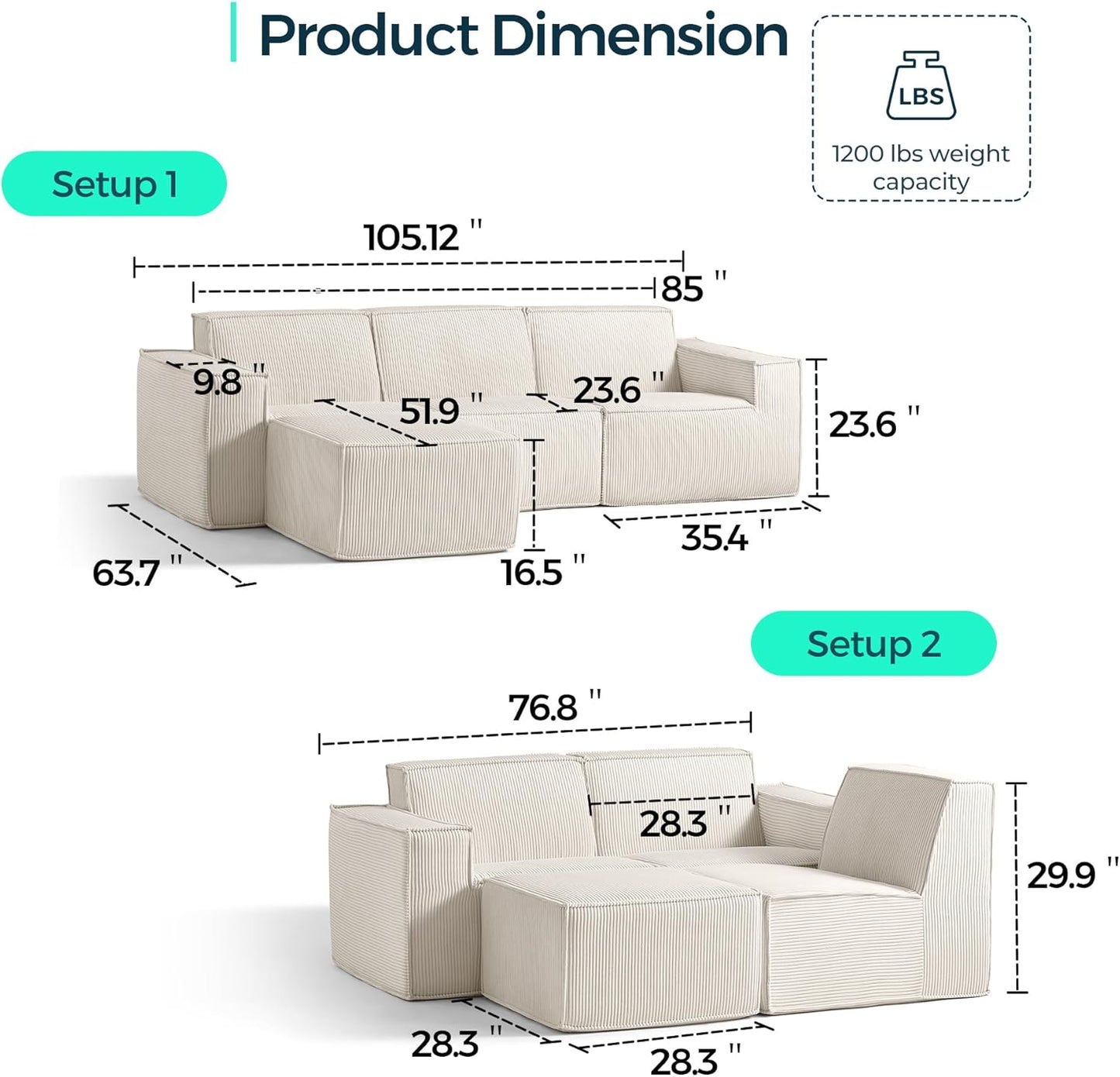 LINSY HOME Modular Sectional Sofa, 105" Boneless Couch L Shaped 3-Seat Sofa with Movable Ottoman, Corduroy Sectional Cloud Couches for Living Room, No Assembly Required, Beige