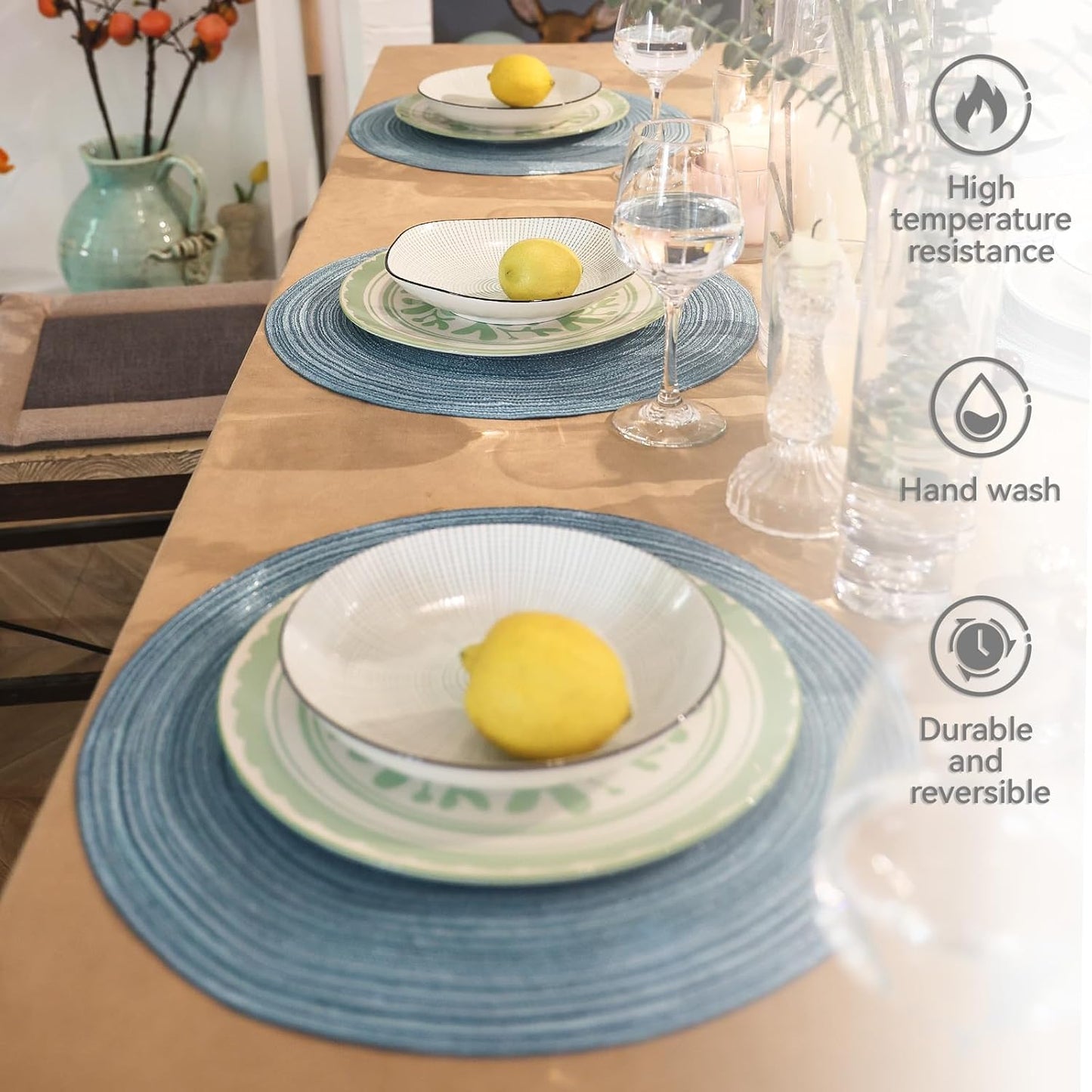 AHHFSMEI Round Braided Placemats Set of 6 Round Table Mats for Dining Tables Natural Woven Heat Resistant Place mats 15 Inch (Sky Blue)