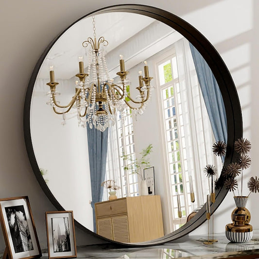 24 Inch Round Bathroom Mirror - Wall Mounted Circle Mirror with Metal Frame, Modern Mirror Suitable for Bathroom, Vanity, Entryway, Living Room, Wall Decor,Black
