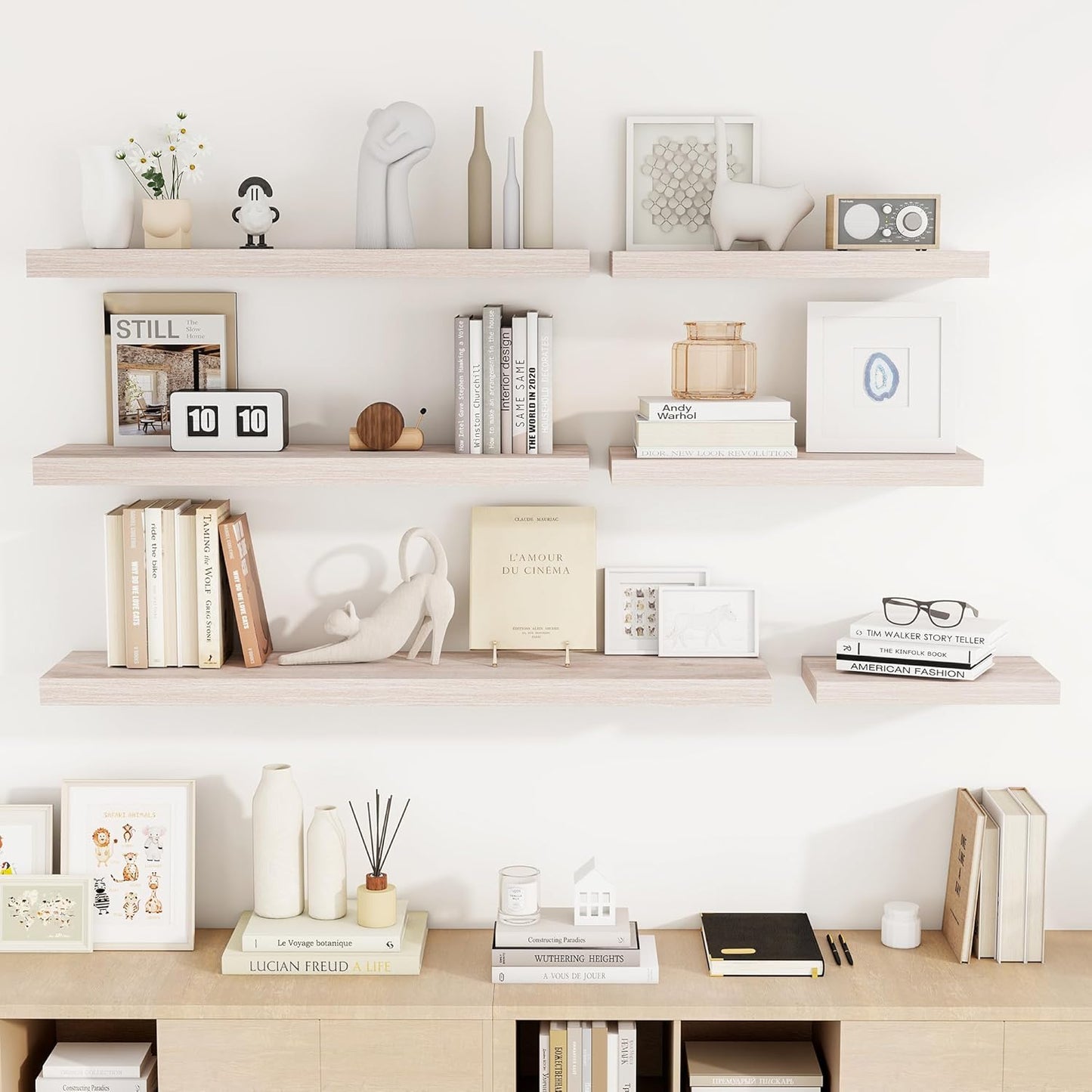 48 Inch Floating Shelves, 3D Textured Wood Grain, 48"x9.25"x1.5" Inch Deep Floating Shelves for Wall, Wooden Shelves for Bathroom, Bedroom, Living Room, Washed White