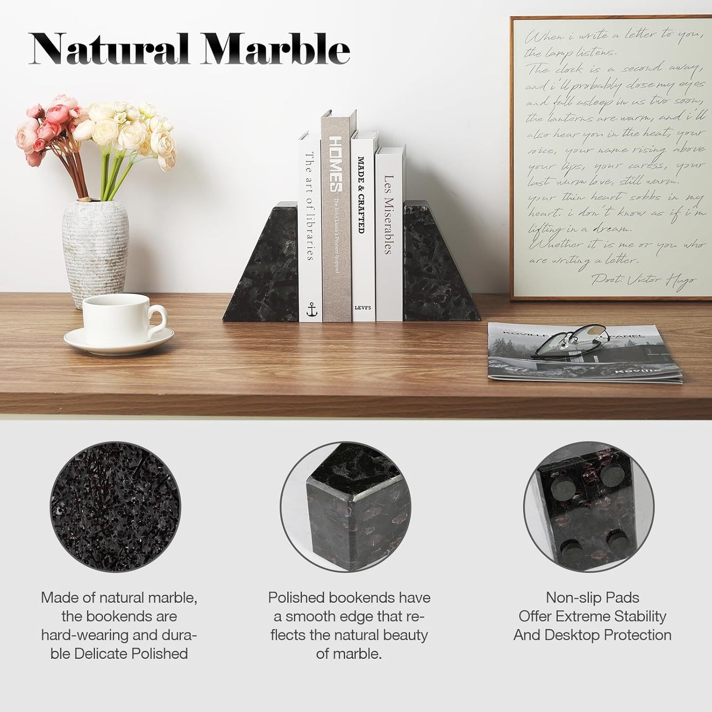 Marble Bookend for Heavy Books, Decorative Bookends for Shelves, Durable and Heavy-Duty Book End for Hardback Book & CDS, Unique Book Stopper & Holder, Meteorus, Set of 2